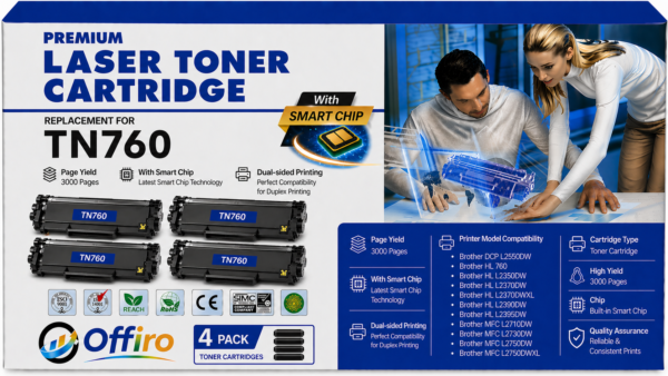 Brother TN760 Compatible Black Toner Cartridge High Yield - With Chip - 4/Pack
