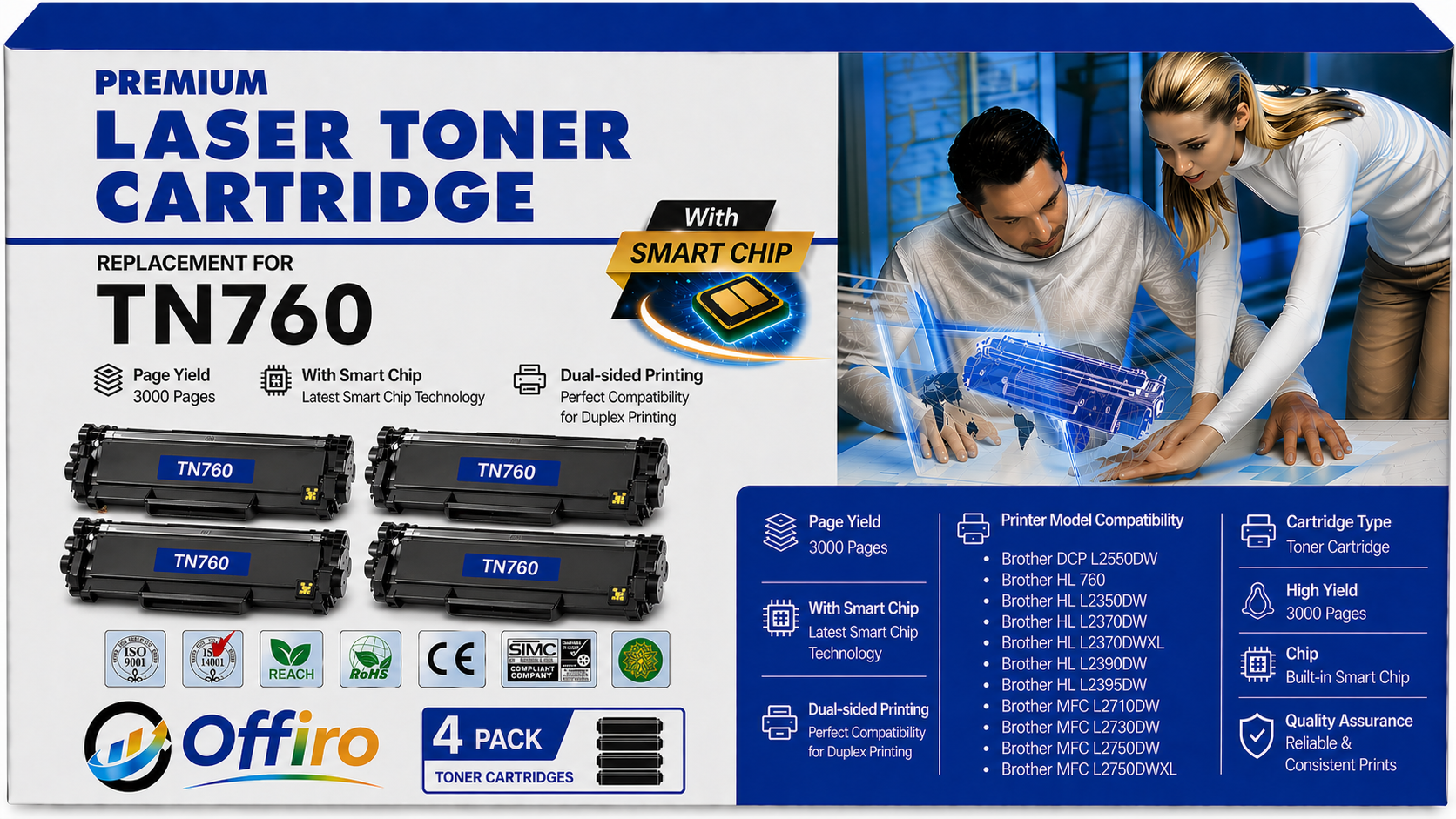 Brother TN760 Compatible Black Toner Cartridge High Yield – With Chip – 4/Pack